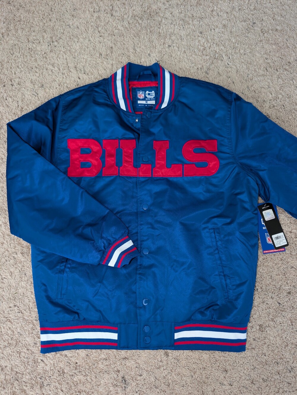 NFL Buffalo Bills Blue Satin Bomber Varsity Jacket Men's Small M New NWT